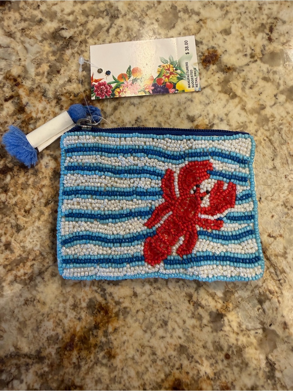 Beaded Lobster Coin Pouch in Blue & Red